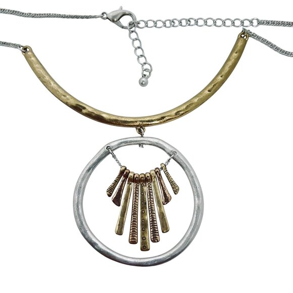 Bohemian Silver Tone And Gold Tone Hammered Statement Necklace (5704) - Picture 4 of 5